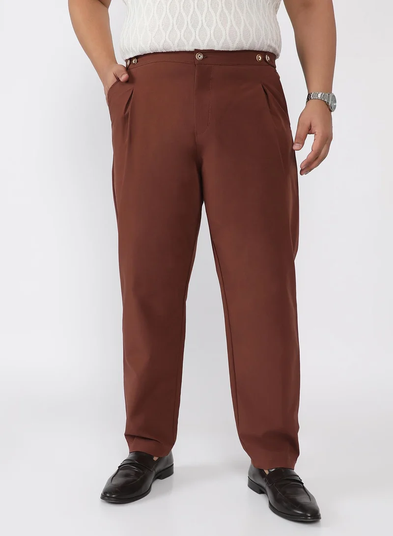 كامبوس سوترا Men Pleated-Textured Tailored Trousers | Mid Rise , Side-Button Adjuster | Button Closure , Straight Hem | Solid Textured | Woven Fabric For Casual & Evening Wear | Teddy Brown