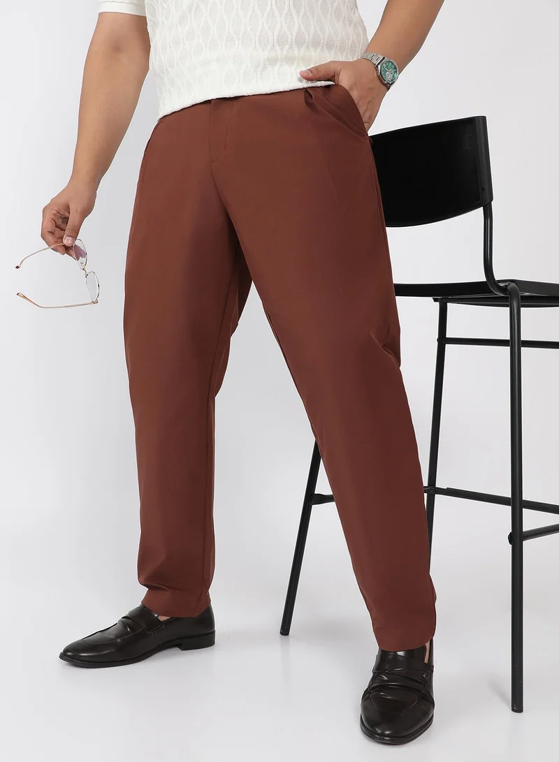 كامبوس سوترا Men Pleated-Textured Tailored Trousers | Mid Rise , Side-Button Adjuster | Button Closure , Straight Hem | Solid Textured | Woven Fabric For Casual & Evening Wear | Teddy Brown