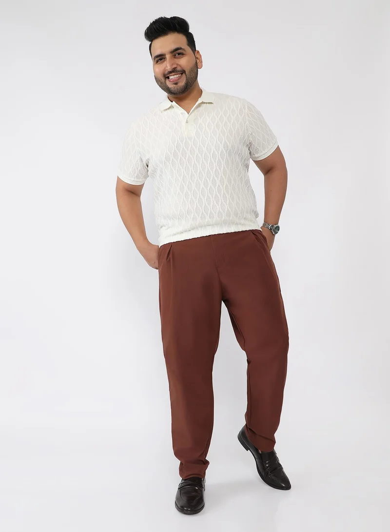 Campus Sutra  Men Pleated-Textured Tailored Trousers | Mid Rise , Side-Button Adjuster | Button Closure , Straight Hem | Solid Textured | Woven Fabric For Casual & Evening Wear | Teddy Brown for Men | Best Price UAE