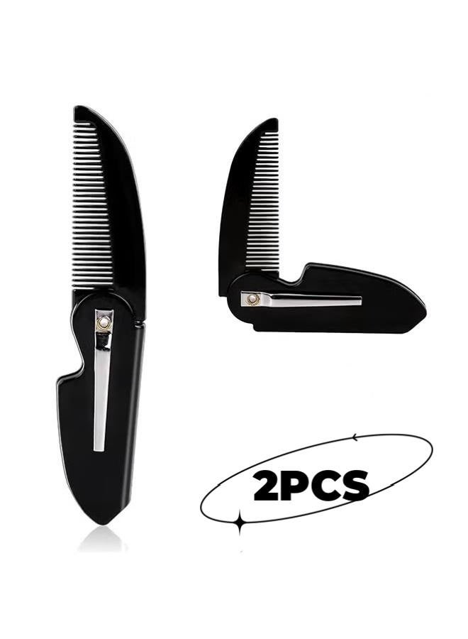 2 PCS Folding Mustache Comb - Portable Beard Comb for Men - Men's Fine Tooth Plastic Pocket Comb - Black - Image 1