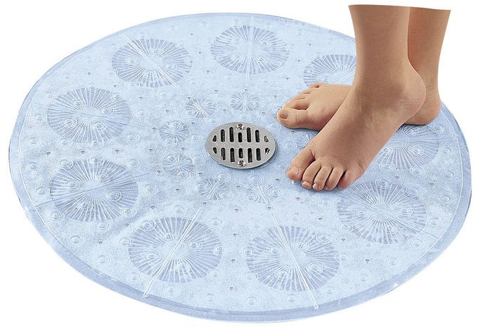 CLEAR ROUND SHOWER STALL MAT PROVIDES COVERAGE RELIABLE SLIPRESISTANCE 23 INCH DIAMETER 160 SUCTION CUPS GREAT DRAINAGE