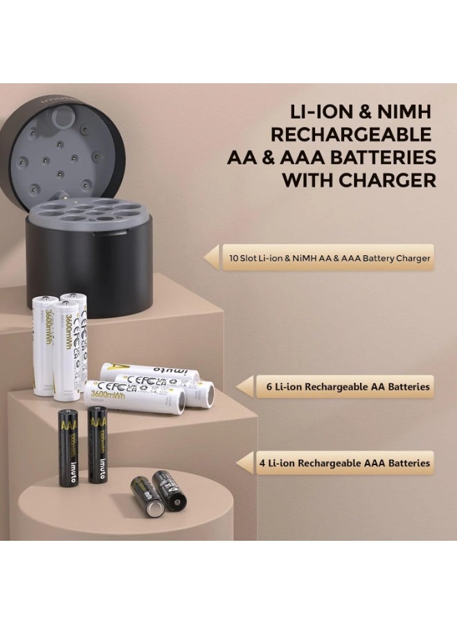 10 Slot (6 AA & 4 AAA) Rechargeable Lithium Battery Charging Station with 10 Batteries Included Smart USB Type-C Fast Charger with Mixed Battery Charging Support for Cameras, Game Controllers, Flashlights, Toys, Remote Controls, and Smart Home Devices - Image 2