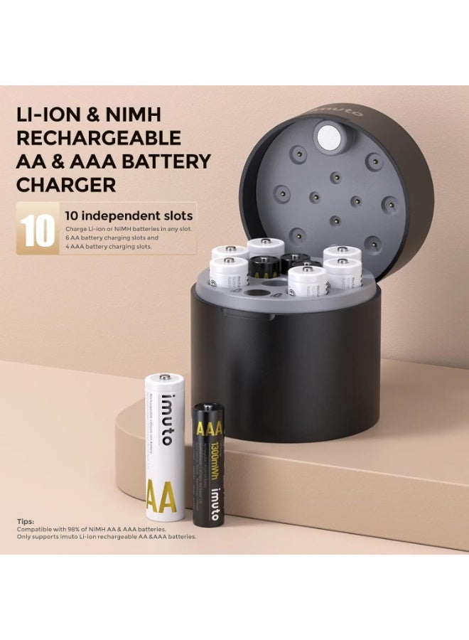 10 Slot (6 AA & 4 AAA) Rechargeable Lithium Battery Charging Station with 10 Batteries Included Smart USB Type-C Fast Charger with Mixed Battery Charging Support for Cameras, Game Controllers, Flashlights, Toys, Remote Controls, and Smart Home Devices - Image 3