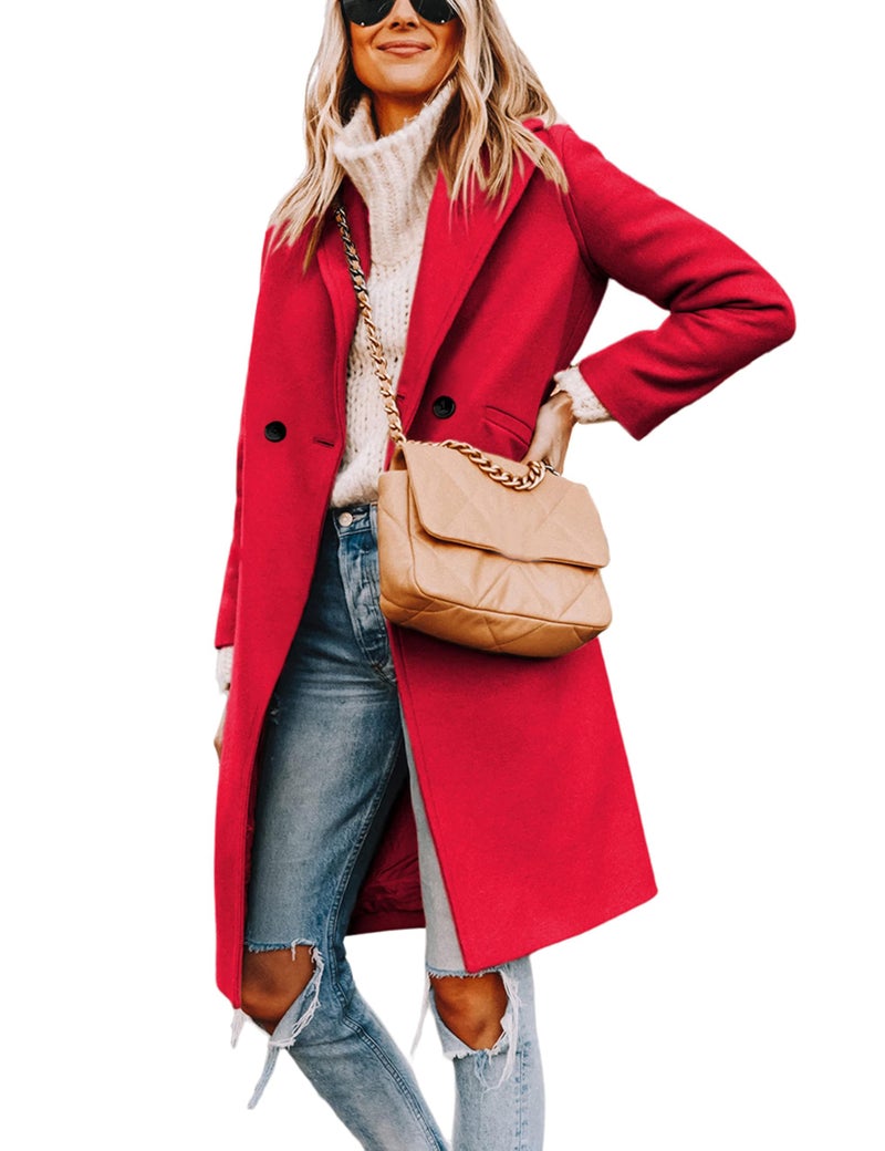 Tanming Women's Notch Lapel Double Breasted Wool Blend Mid Long Pea Trench Coat (Red-M) - Image 3