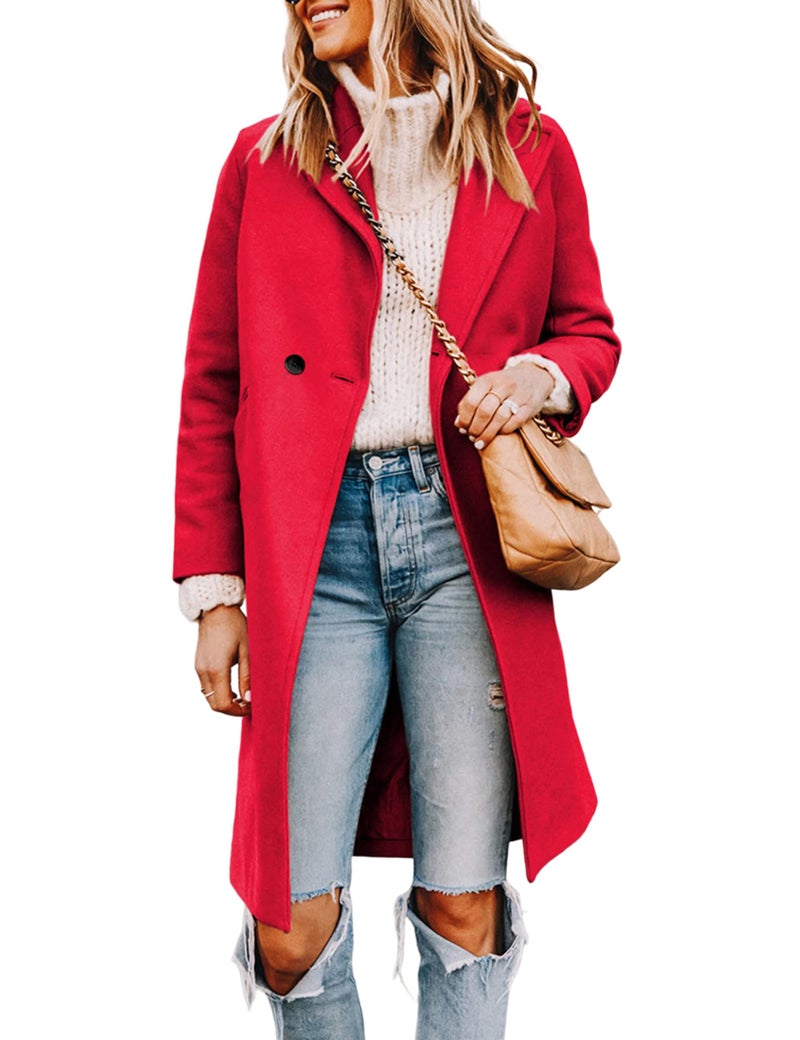 Tanming Women's Notch Lapel Double Breasted Wool Blend Mid Long Pea Trench Coat (Red-M) - Image 1