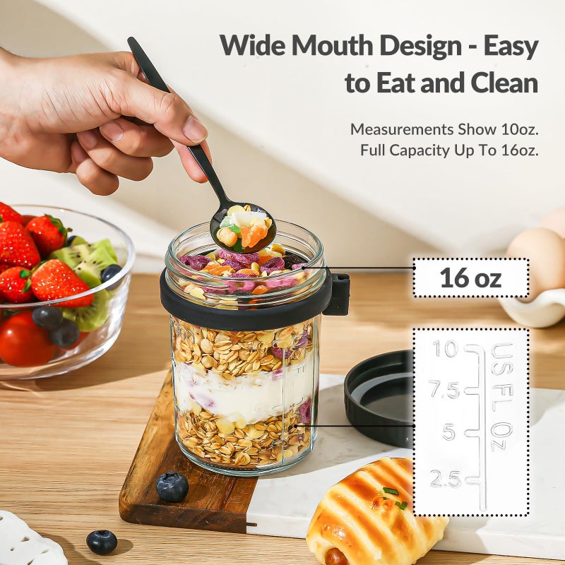 DRKIO 4 Pack Overnight Oats Containers with Lids and Spoons 16 Oz Glass Mason Jars for Overnight Oats Jars Leak Proof Oatmeal Container Great for Cereal Fruit Vegetable Milk Salad Yogurt Meal Prep - Image 4