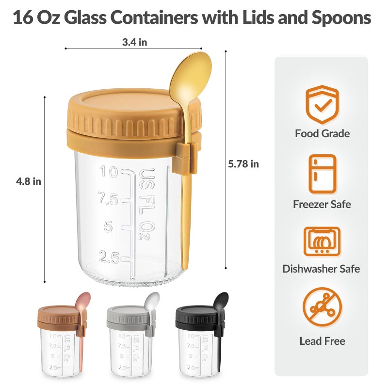 DRKIO 4 Pack Overnight Oats Containers with Lids and Spoons 16 Oz Glass Mason Jars for Overnight Oats Jars Leak Proof Oatmeal Container Great for Cereal Fruit Vegetable Milk Salad Yogurt Meal Prep - Image 2