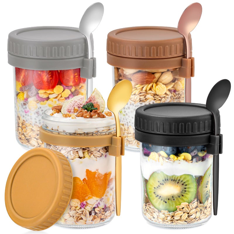 DRKIO 4 Pack Overnight Oats Containers with Lids and Spoons 16 Oz Glass Mason Jars for Overnight Oats Jars Leak Proof Oatmeal Container Great for Cereal Fruit Vegetable Milk Salad Yogurt Meal Prep - Image 1