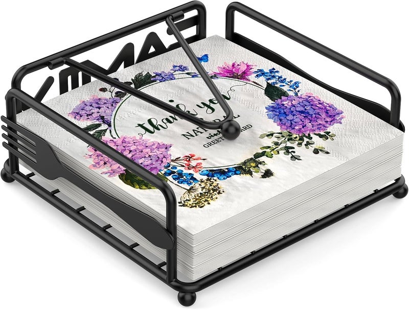 Epicano Napkin Holder for Table Flat Napkin Dispenser with Weighted Arm Square Cocktail Paper Holder of Elegant Rustic Iron for Kitchen Dining Room Decor Restaurant Farmhouse Hotel Party Black - Image 1