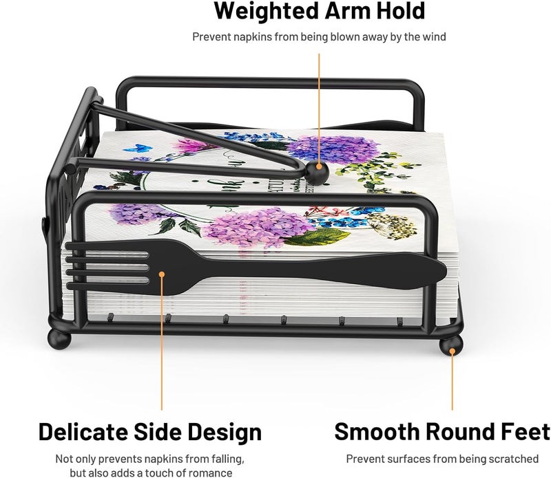 Epicano Napkin Holder for Table Flat Napkin Dispenser with Weighted Arm Square Cocktail Paper Holder of Elegant Rustic Iron for Kitchen Dining Room Decor Restaurant Farmhouse Hotel Party Black - Image 5