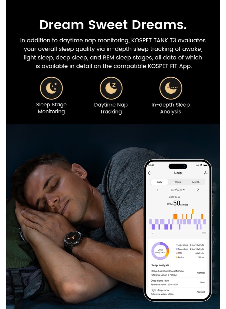 Kospet Smart Watch Series Tank T3 Special Edition 47mm (22MM REMOVABLE STRAP) Bluetooth Calling IP69K Waterproof 100+ Sport modes - Silver Silver - Image 5