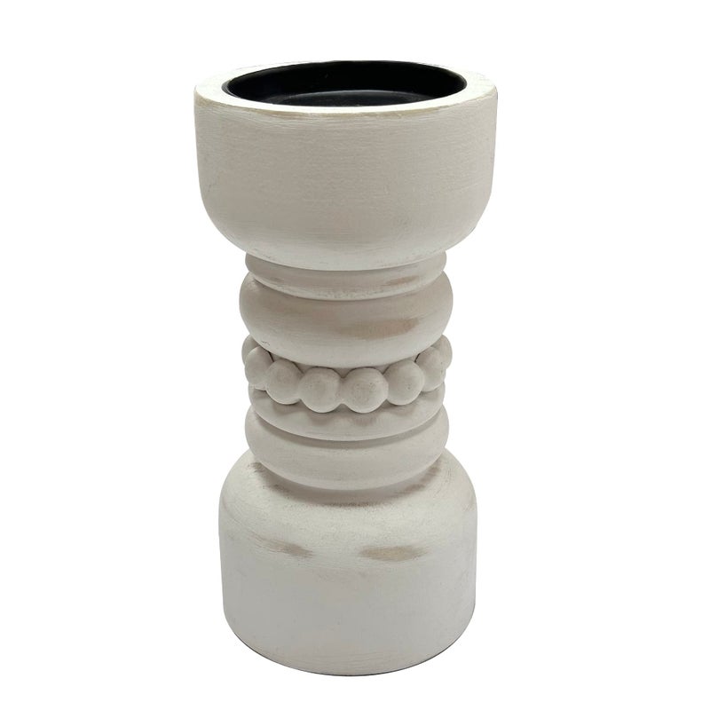 dwellington Farmhouse Rustic Wood Pillar Candle Holder, Decorative Beaded Candlestick Holder Stand for Home Decor, Gifts, Wedding (White) - Image 1