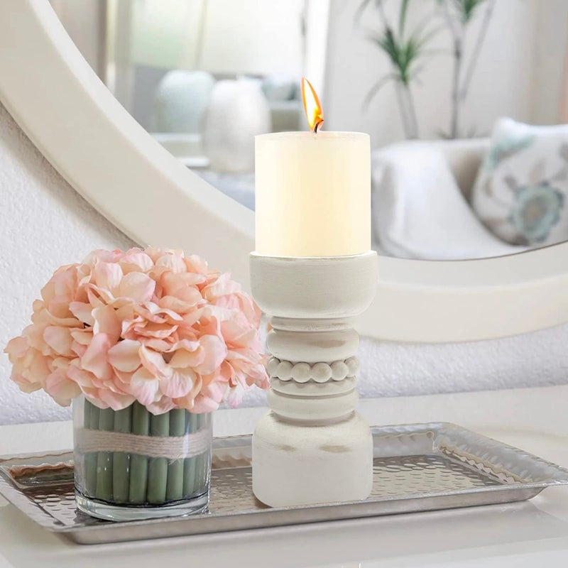 dwellington Farmhouse Rustic Wood Pillar Candle Holder, Decorative Beaded Candlestick Holder Stand for Home Decor, Gifts, Wedding (White) - Image 4