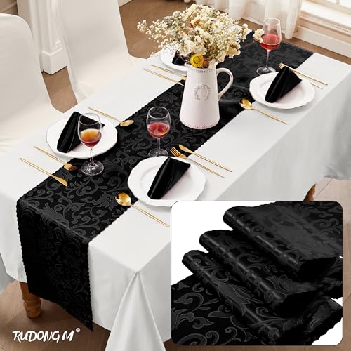 RUDONG M 2 Pack Black Satin Table Runners 12 x 108 Inch, Long Silky Damask Table Runner Decor, Bright Smooth Jacquard Dining Table Runners for Weddings, Banquet, Parties Dinner Decoration - Image 2