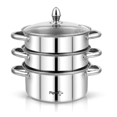 Pigeon Elantra Stainless Steel 3 Tier Steamer Pot Set with Glass Lid | Pasta Steamer Momo/Modak Maker | Vegetable Steamer | Rice Steamer (22cm) | Capsulated Induction Bottom|ISI Certified - Image 1