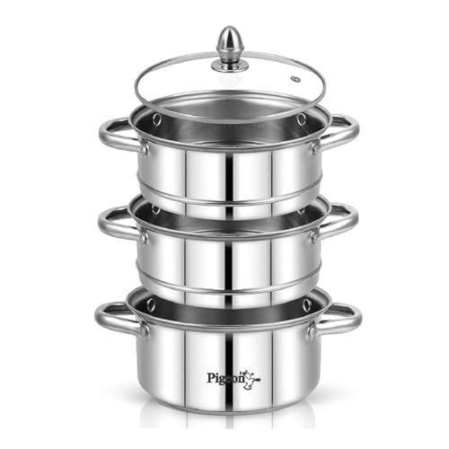 Pigeon Elantra Stainless Steel 3 Tier Steamer Pot Set with Glass Lid | Pasta Steamer Momo/Modak Maker | Vegetable Steamer | Rice Steamer (22cm) | Capsulated Induction Bottom|ISI Certified - Image 2