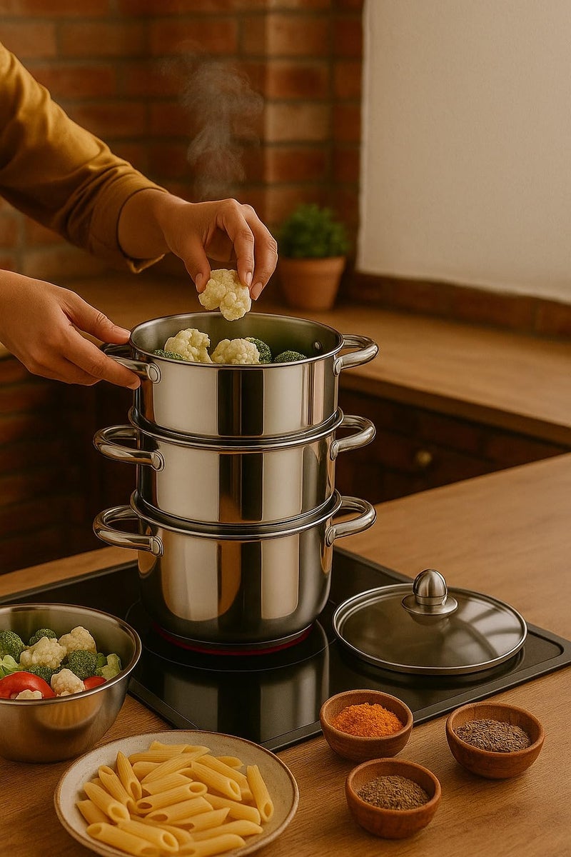 Pigeon Elantra Stainless Steel 3 Tier Steamer Pot Set with Glass Lid | Pasta Steamer Momo/Modak Maker | Vegetable Steamer | Rice Steamer (22cm) | Capsulated Induction Bottom|ISI Certified - Image 5
