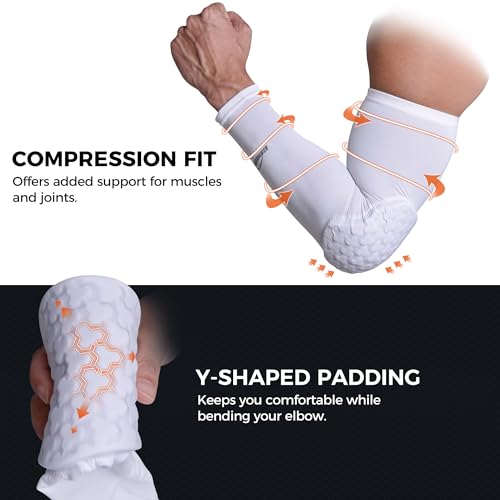 COOLOMG compression arm sleeves with elbow pad for volleyball basketball football white S - Image 4