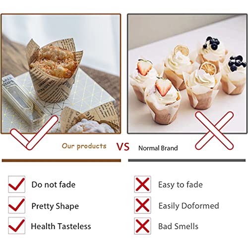 Supvox® 100Pcs Cupcake Liner, 5cm Diameter Tulip Cupcake Paper Cups, Food Grade Greaseproof Paper Baking Cups Muffin Liners Holders for Baking Weddings, Birthdays (Natural Newspaper Printed) - Image 4