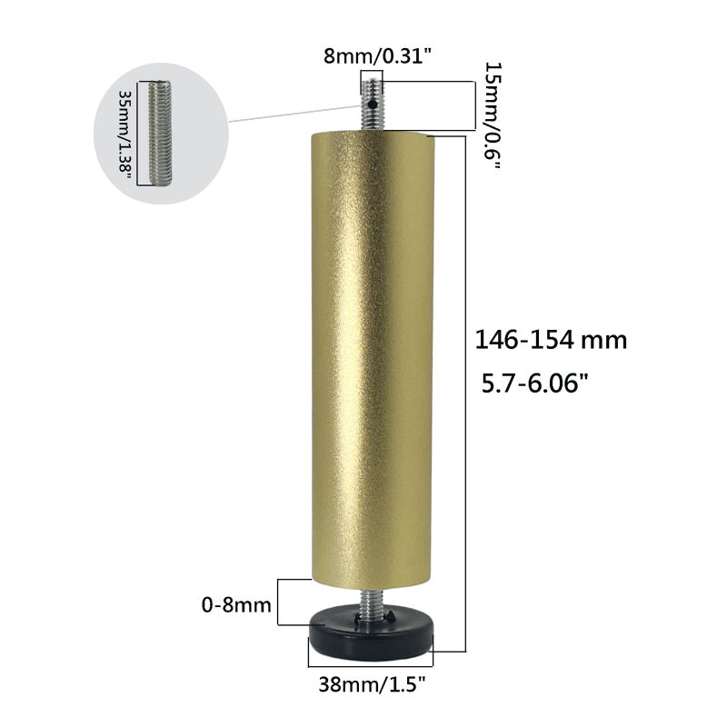 Yuqim 4 Pack Adjustable Furniture Legs Replacement M8 Thread Metal Furniture Legs 8 Inch Couch Legs Replacement Legs for Bed, Sofa, Cabinet(Gold, 5.7-6.06 Inch) - Image 2