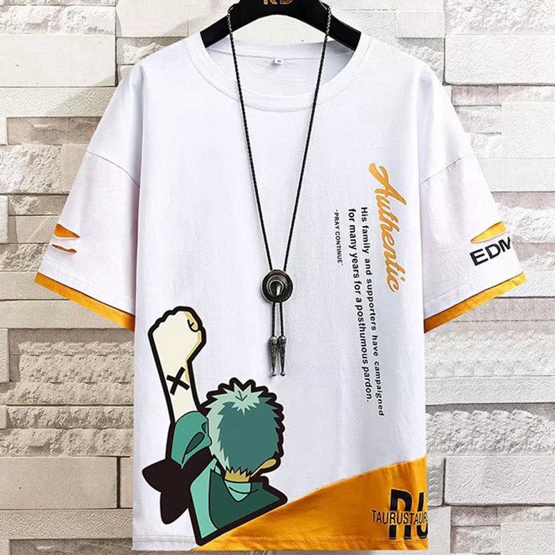 Color matching cartoon printed short-sleeved T-shirt men's summer loose t-shirt half-sleeved T-shirt youth top men's bottoming shirt - Image 1