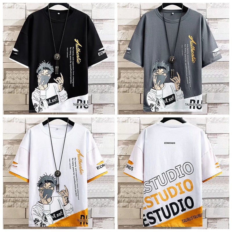 Color matching cartoon printed short-sleeved T-shirt men's summer loose t-shirt half-sleeved T-shirt youth top men's bottoming shirt - Image 3