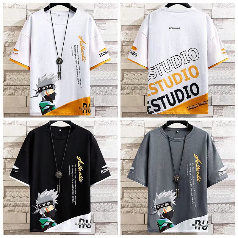 Color matching cartoon printed short-sleeved T-shirt men's summer loose t-shirt half-sleeved T-shirt youth top men's bottoming shirt - Image 4