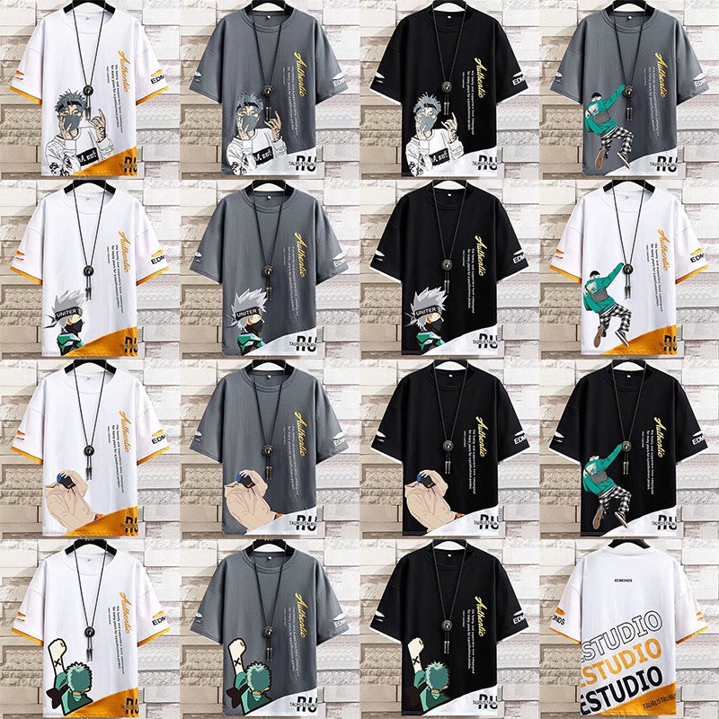 Color matching cartoon printed short-sleeved T-shirt men's summer loose t-shirt half-sleeved T-shirt youth top men's bottoming shirt - Image 2