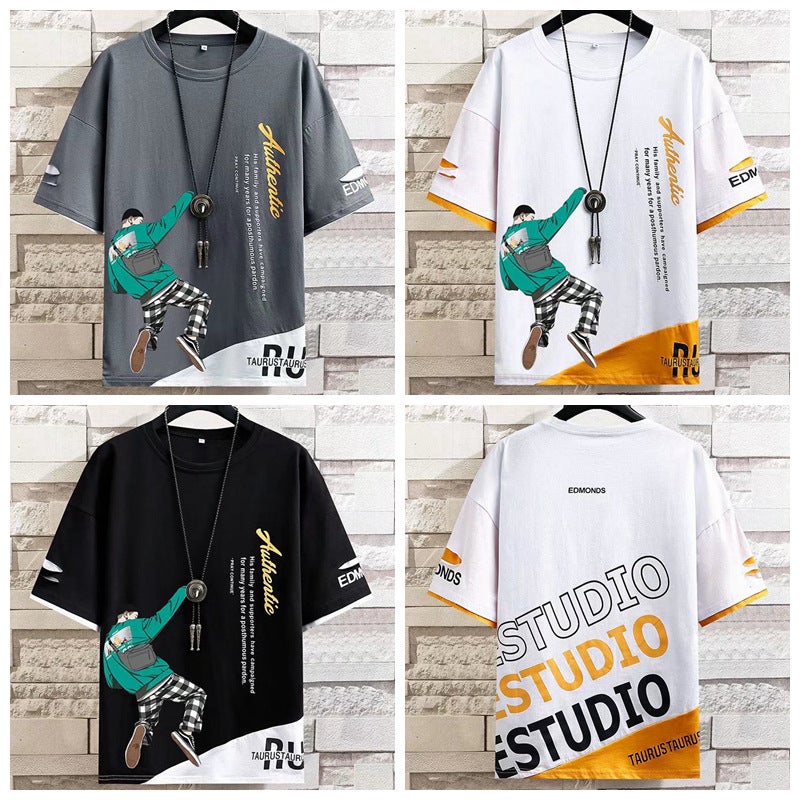 Color matching cartoon printed short-sleeved T-shirt men's summer loose t-shirt half-sleeved T-shirt youth top men's bottoming shirt - Image 5