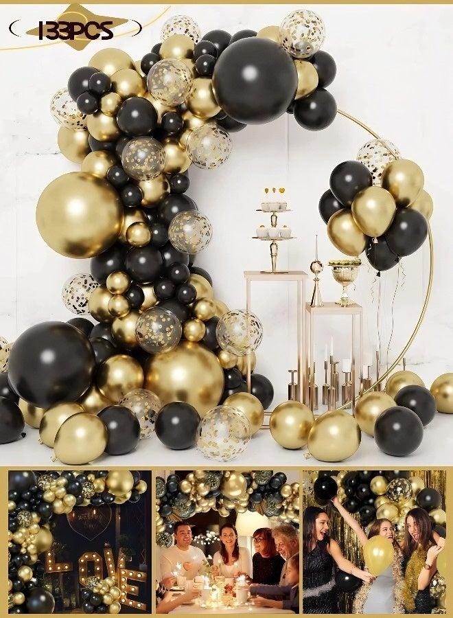 مجموعة زينة بالونات سوداء وذهبية مكونة من 133 قطعة | مجموعة زينة بالونات فاخرة باللونين الأسود والذهبي مع قصاصات ورقية ملونة لحفلات الزفاف وأعياد الميلاد والتخرج ورمضان وحفلات استقبال المولود الجديد واحتفالات العيد الوطني. - Image 1