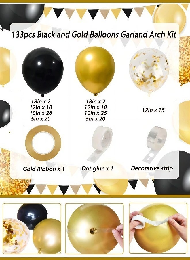 مجموعة زينة بالونات سوداء وذهبية مكونة من 133 قطعة | مجموعة زينة بالونات فاخرة باللونين الأسود والذهبي مع قصاصات ورقية ملونة لحفلات الزفاف وأعياد الميلاد والتخرج ورمضان وحفلات استقبال المولود الجديد واحتفالات العيد الوطني. - Image 2