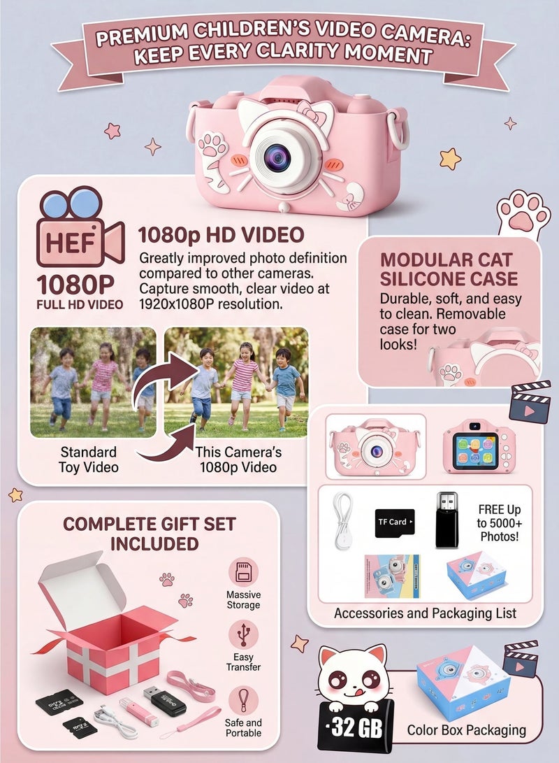 Kids Camera Gifts for 3-12 Year Old Boys Girls,Mini Rechargeable Child Digital Camera Shockproof Video Camcorder Gifts for,8MP HD Video 2 Inch Screenfor Outdoor Play(32GB TF card and Card Readers),Pink - Image 3