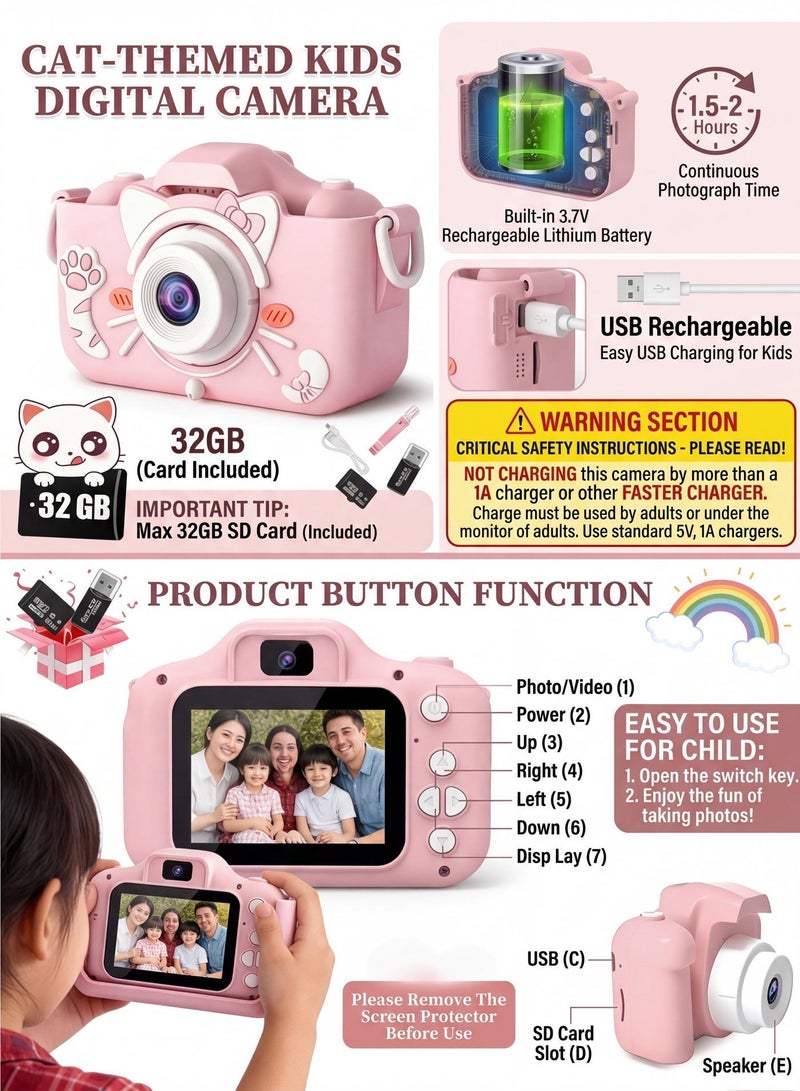 Kids Camera Gifts for 3-12 Year Old Boys Girls,Mini Rechargeable Child Digital Camera Shockproof Video Camcorder Gifts for,8MP HD Video 2 Inch Screenfor Outdoor Play(32GB TF card and Card Readers),Pink - Image 5
