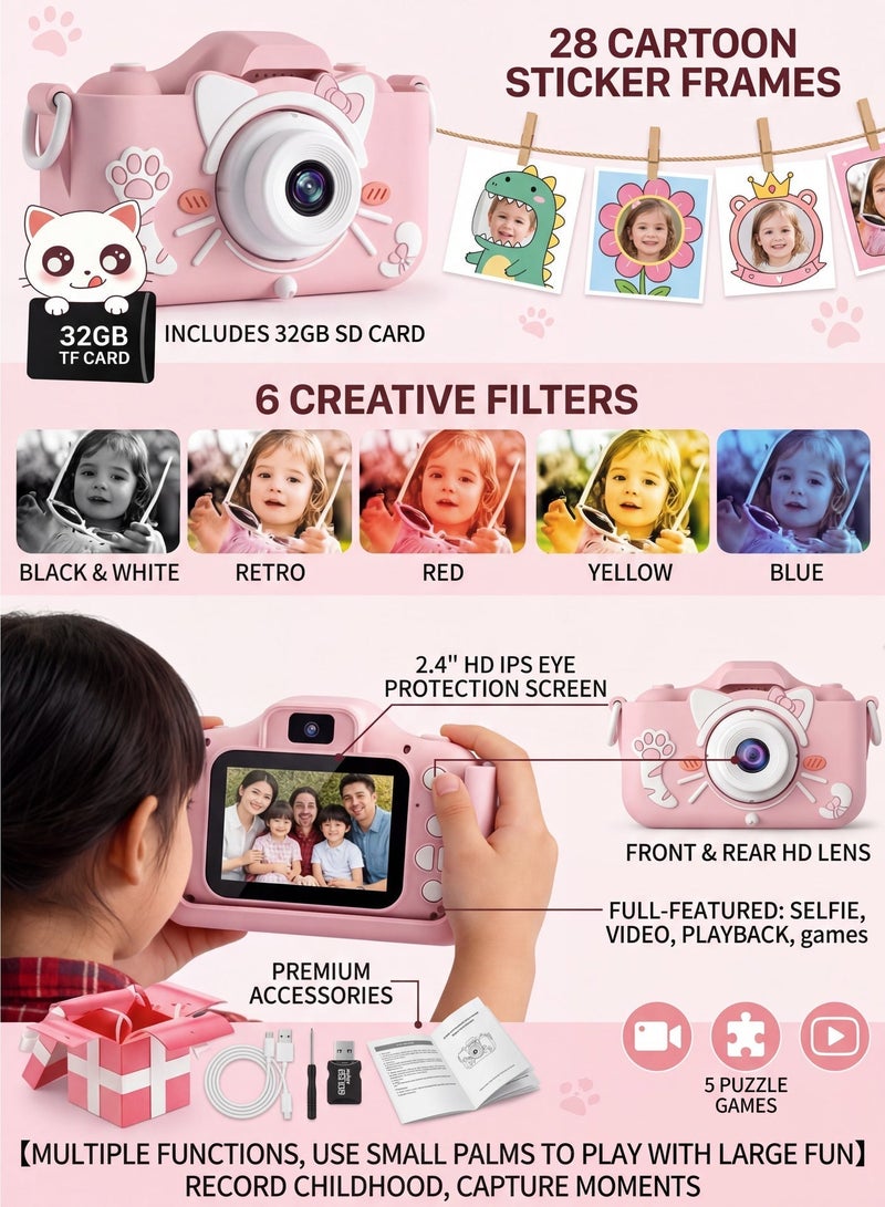 Kids Camera Gifts for 3-12 Year Old Boys Girls,Mini Rechargeable Child Digital Camera Shockproof Video Camcorder Gifts for,8MP HD Video 2 Inch Screenfor Outdoor Play(32GB TF card and Card Readers),Pink - Image 4