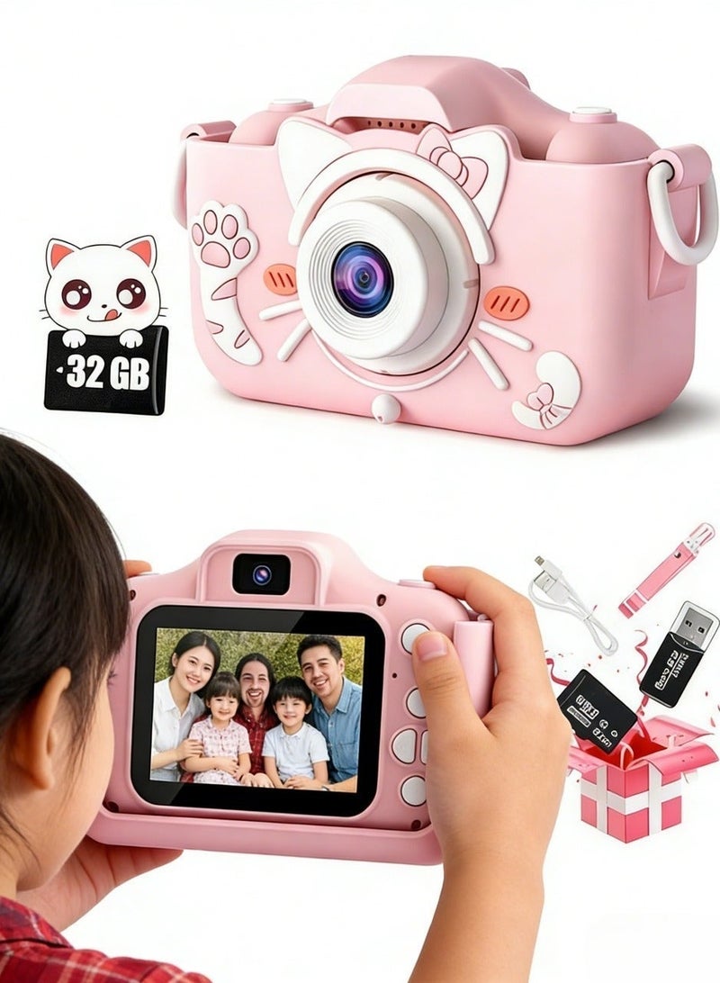 Kids Camera Gifts for 3-12 Year Old Boys Girls,Mini Rechargeable Child Digital Camera Shockproof Video Camcorder Gifts for,8MP HD Video 2 Inch Screenfor Outdoor Play(32GB TF card and Card Readers),Pink - Image 1