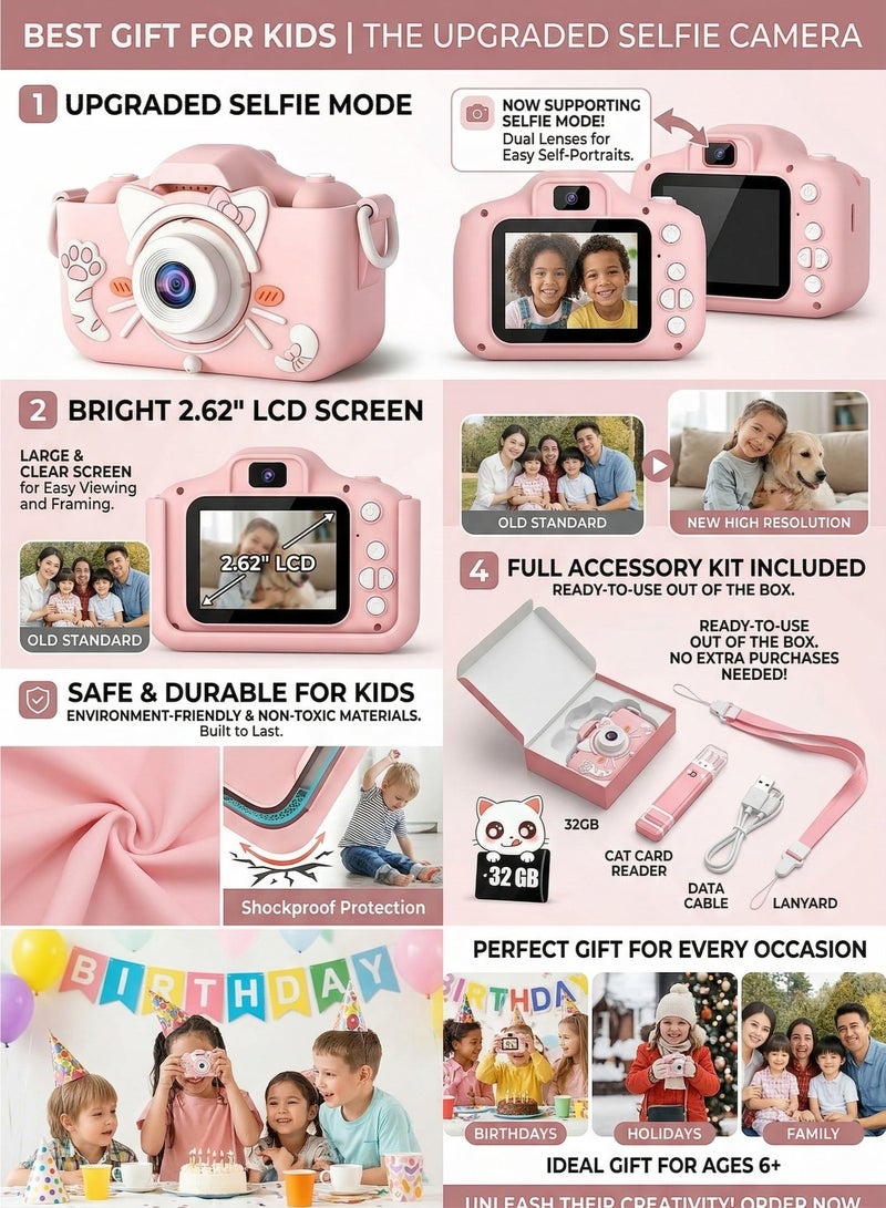 Kids Camera Gifts for 3-12 Year Old Boys Girls,Mini Rechargeable Child Digital Camera Shockproof Video Camcorder Gifts for,8MP HD Video 2 Inch Screenfor Outdoor Play(32GB TF card and Card Readers),Pink - Image 2