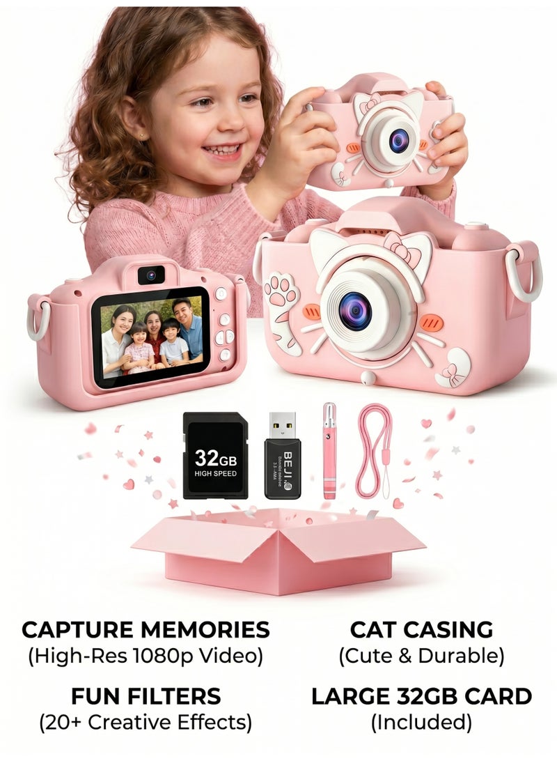 Kids Camera Gifts for 3-12 Year Old Boys Girls,Mini Rechargeable Child Digital Camera Shockproof Video Camcorder Gifts for,8MP HD Video 2 Inch Screenfor Outdoor Play(32GB TF card and Card Readers),Pink - Image 1