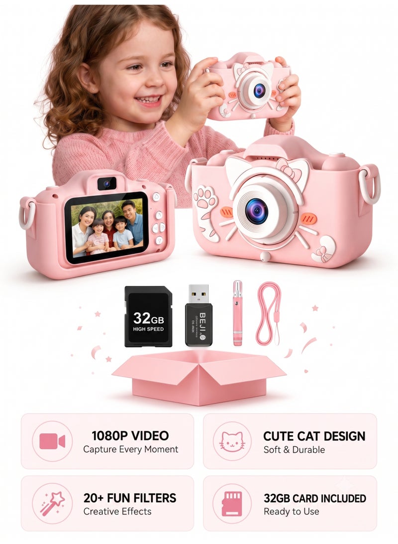 Kids Camera Gifts for 3-12 Year Old Boys Girls,Mini Rechargeable Child Digital Camera Shockproof Video Camcorder Gifts for,8MP HD Video 2 Inch Screenfor Outdoor Play(32GB TF card and Card Readers),Pink - Image 1