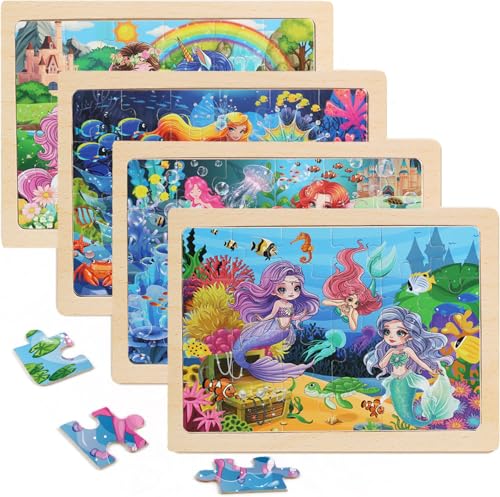 MAX JHQIQU Wooden Puzzles for Kids Ages 46 4 Packs 24 PCs Unicorn Mermaid Princess Fairy Jigsaw Puzzles Preschool Educational Brain Teaser Toys for Girls 3 4 5 6 Years Old - Image 1