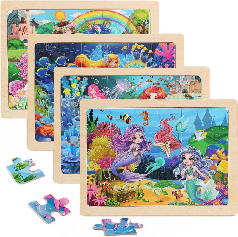 MAX JHQIQU Wooden Puzzles for Kids Ages 46 4 Packs 24 PCs Unicorn Mermaid Princess Fairy Jigsaw Puzzles Preschool Educational Brain Teaser Toys for Girls 3 4 5 6 Years Old - Image 3