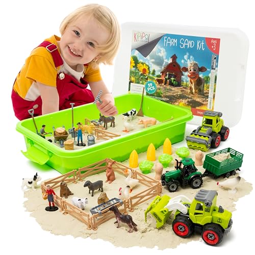 Kipipol 59 PCS Farm Sensory Bin Sandbox with Lid 22 LB Sensory Sand Kit for Boys Toddler Farm Toys 3 Take Apart Construction Trucks Sensory Toys for Kids 57 34 Up Kids Gifts for Boys and Girls - Image 1