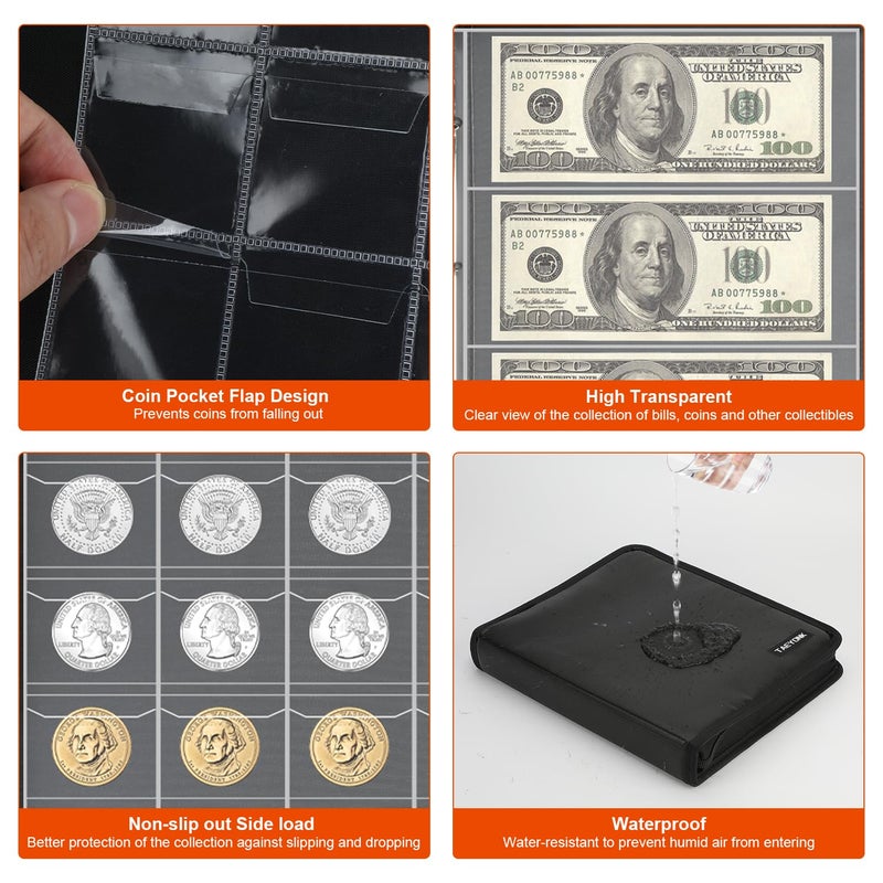 TAEYONK Coin Collection Book Holder for Collectors, 520 Pockets Fireproof Coins Collecting Album & 36 Sleeves Money Storage Case for Coin Currency Collection Supplies, Bill, Pennies, Quarters, Stamp - Image 4