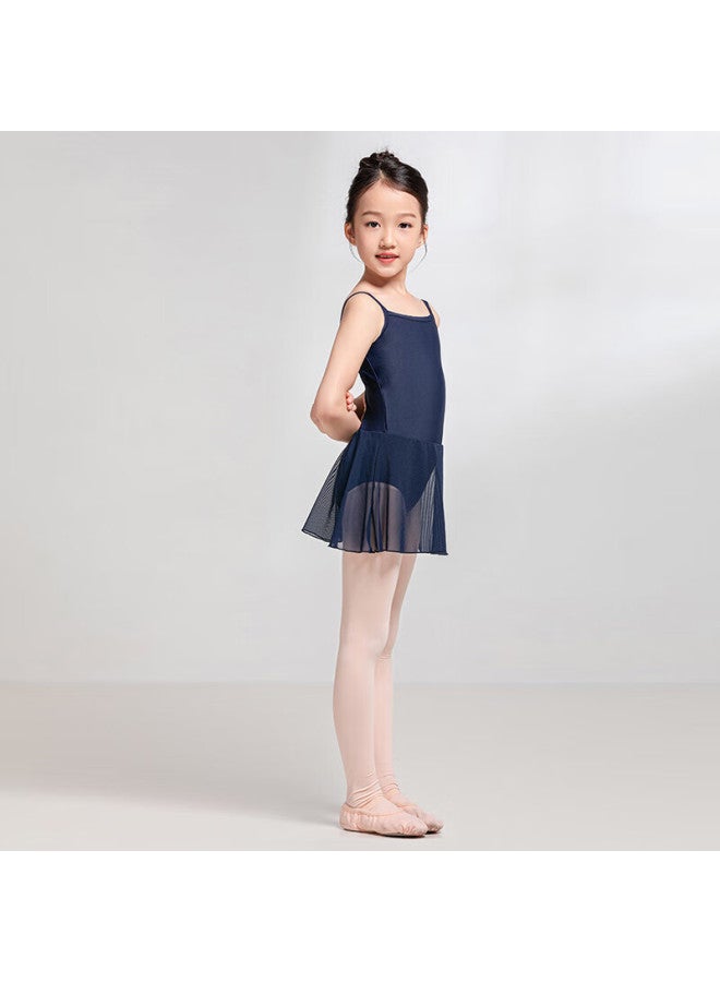 Sansha Children's Spaghetti Strap Dance Leotard, ثوب باليه قطعة واحدة للتدريب بحزام متقاطع مع تنورة، زي تدريب، أزرق بحري، M - Image 1