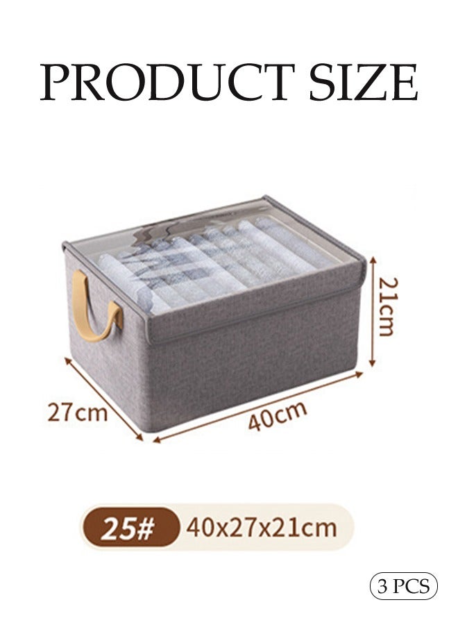 3 Pcs Foldable Clothing Storage Boxes, Fabric Storage Drawers With Lids, Moisture Proof And Dustproof,With Handle，Suitable For Storing Clothing, Toys, Underwear, Socks, 40 * 27 * 21cm (Gray)