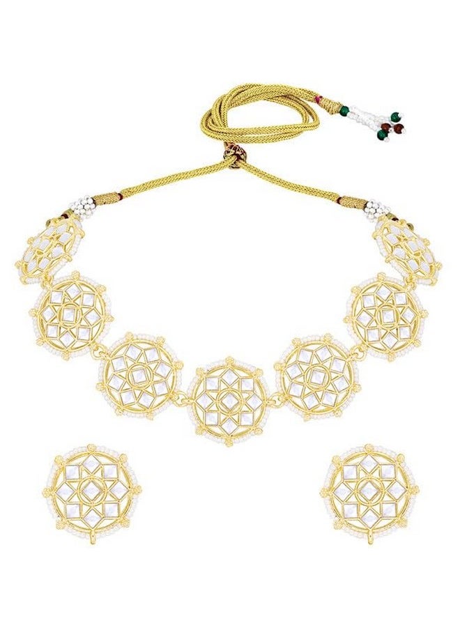 Aheli - Gold Plated White Kundan Beads Studded Choker Necklace Stud Earrings Set Ethnic Function Fashion Jewellery Gift For Women - Image 1