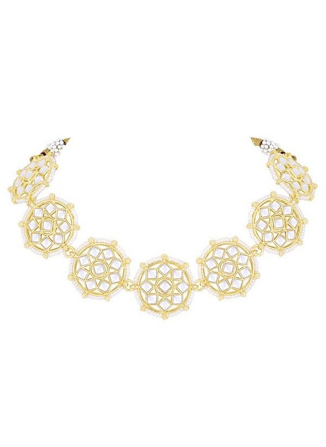 Aheli - Gold Plated White Kundan Beads Studded Choker Necklace Stud Earrings Set Ethnic Function Fashion Jewellery Gift For Women - Image 1