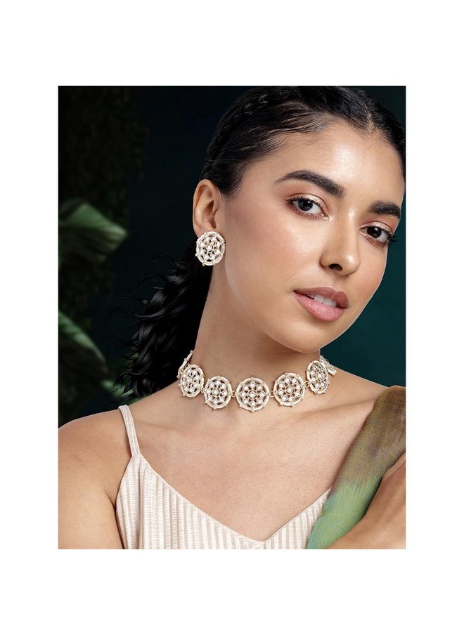 Aheli - Gold Plated White Kundan Beads Studded Choker Necklace Stud Earrings Set Ethnic Function Fashion Jewellery Gift For Women - Image 1