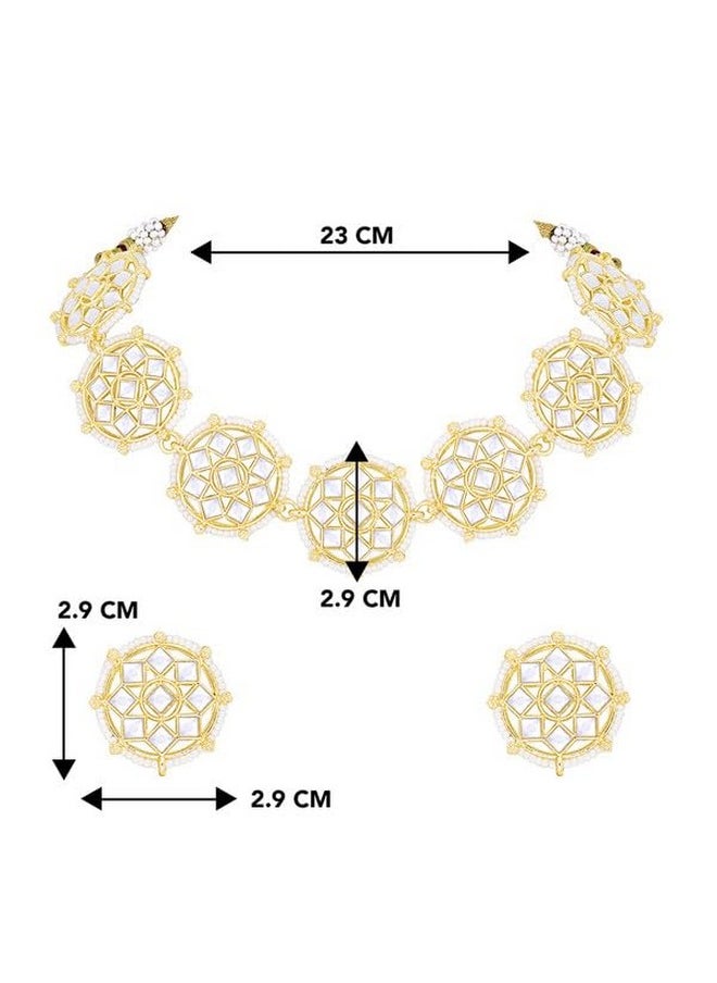 Aheli - Gold Plated White Kundan Beads Studded Choker Necklace Stud Earrings Set Ethnic Function Fashion Jewellery Gift For Women - Image 1