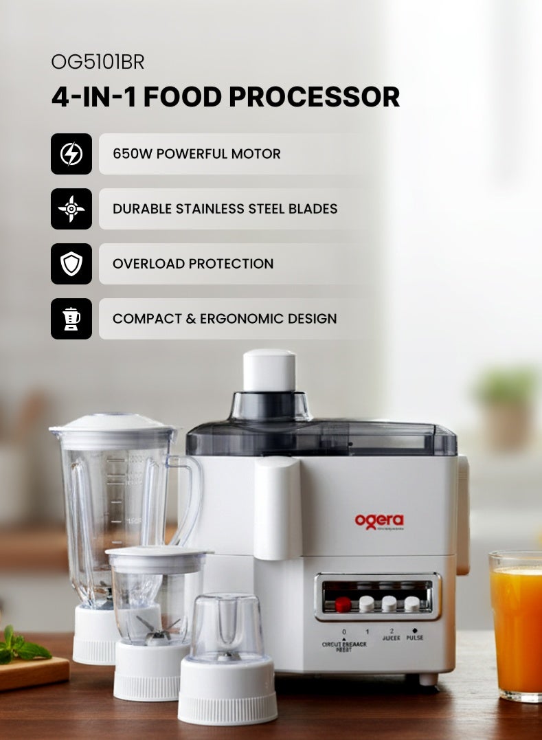 4-in-1 Food Processor & Blender OG5101BR | 650 W Powerful Motor | 1.8 L Large Capacity Jar | Stainless-Steel Filter & Blades | 2-Speed + Pulse Control | Overheat Protection | Easy-Clean Detachable Parts | 2-Year Warranty