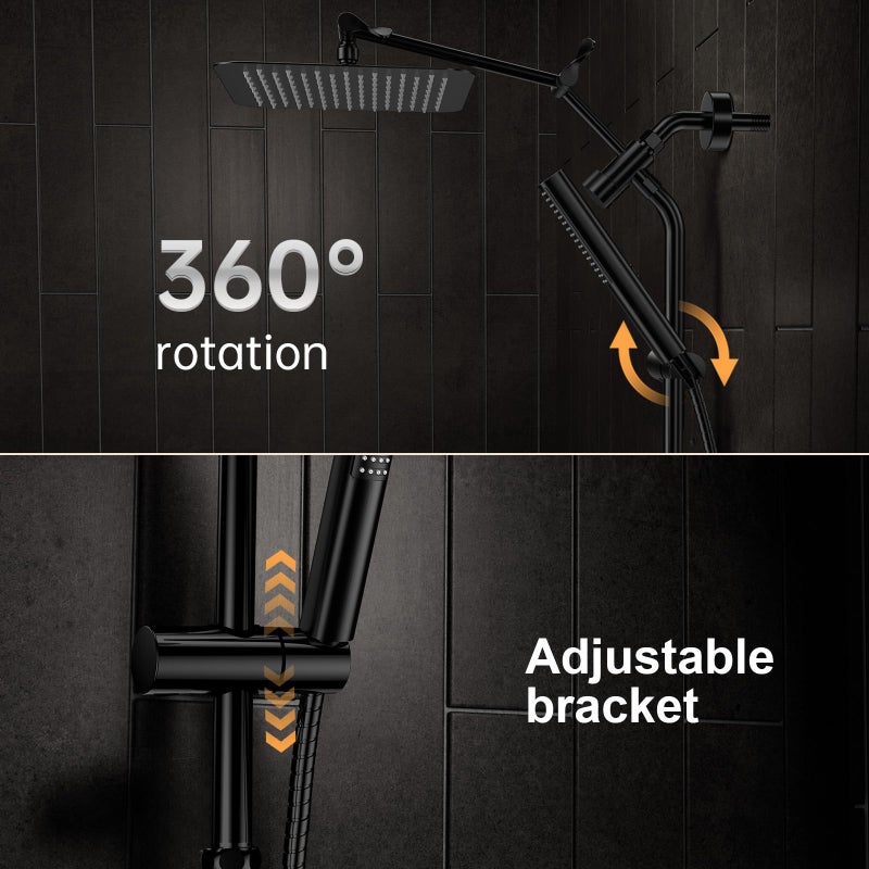 Veken 10" Luxurious All Metal Rain Shower Head with Handheld Spray Combo, High Pressure Rainfall Square Shower Heads with Extension Arm, Wide Dual Showerhead, Bathroom Accessories, Matte Black - Image 3